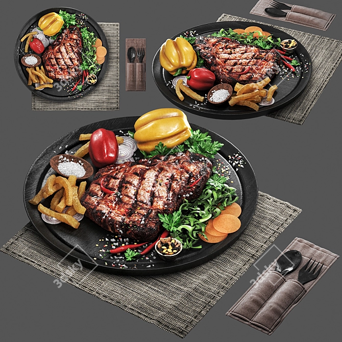 Juicy Meat Steak with Vegetables 3D model image 1