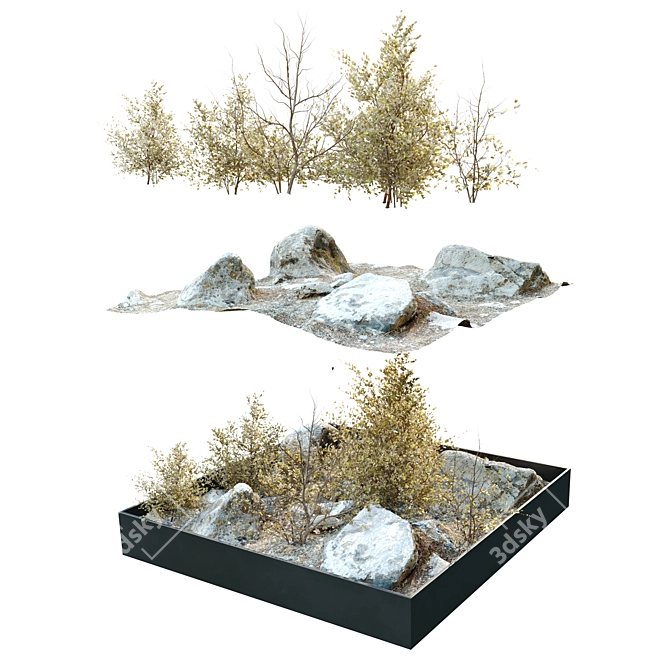 Rocky Base Dry Plants Sculpture 3D model image 3