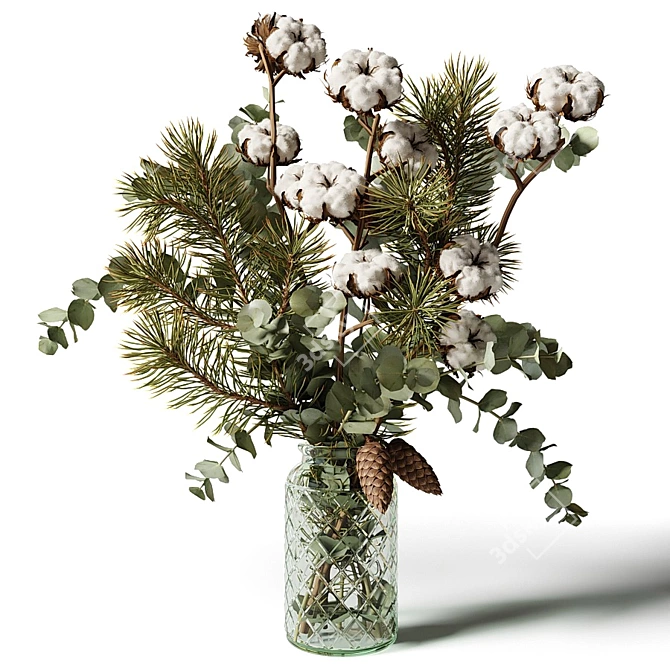 Title: Eucalyptus Pine Cotton Bouquet in Glass Vase 3D model image 3