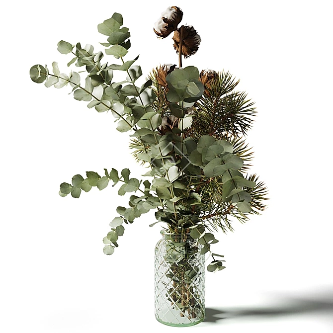 Title: Eucalyptus Pine Cotton Bouquet in Glass Vase 3D model image 6