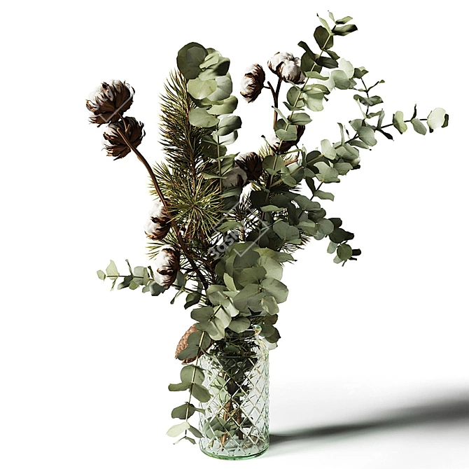 Title: Eucalyptus Pine Cotton Bouquet in Glass Vase 3D model image 7