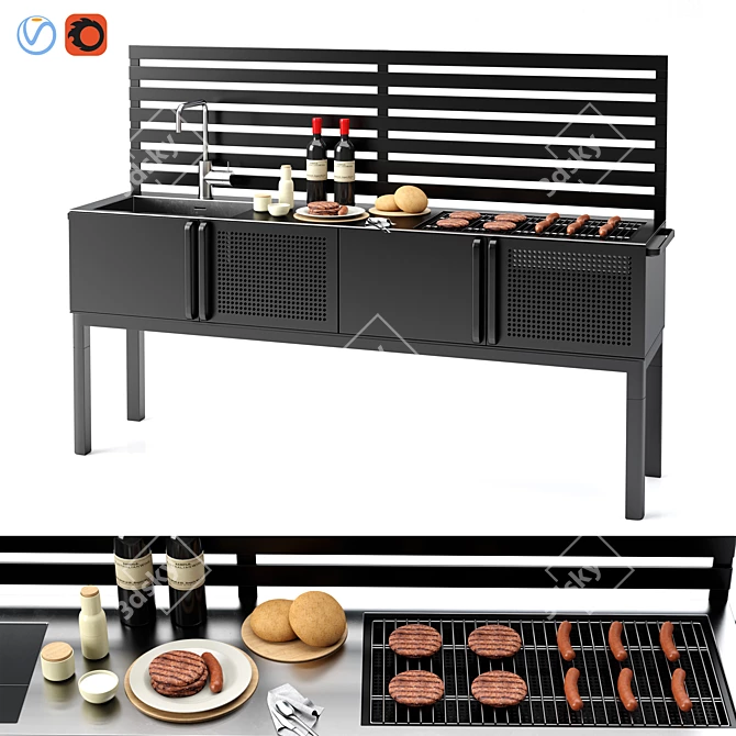 Black Barbecue with Sink (215cm x 52cm x 145cm) 3D model image 1