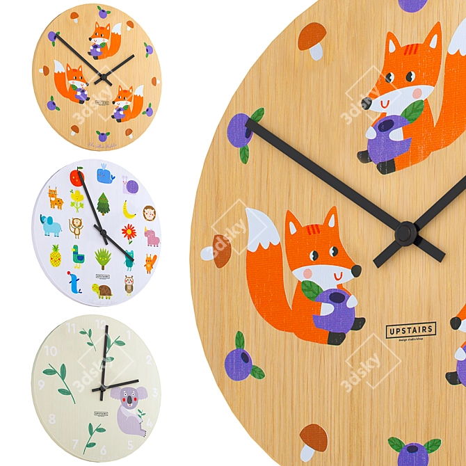 Upstairs Kids Wall Clock Set (3 pcs.) 3D model image 1