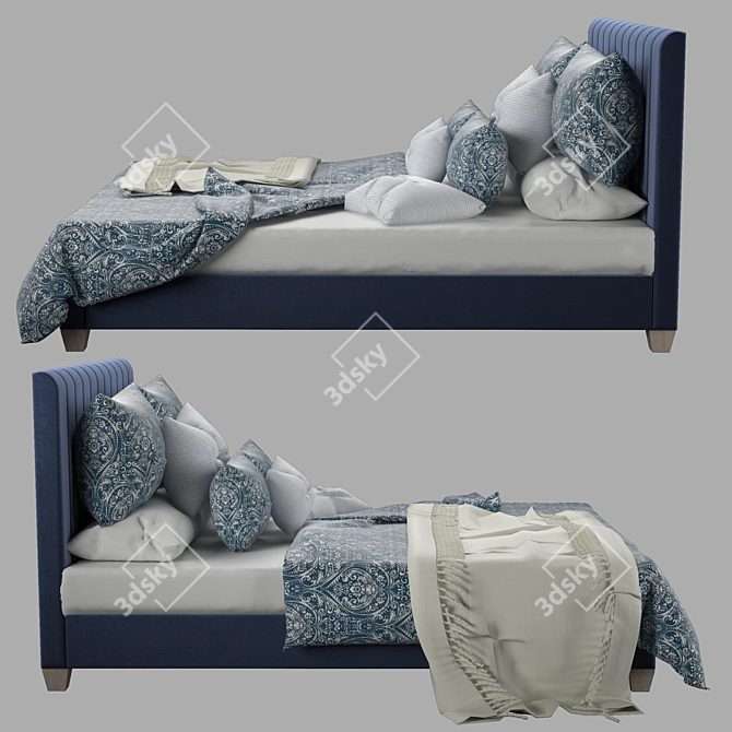 Navy Velvet Oak Wood Leg Bed 3D model image 3