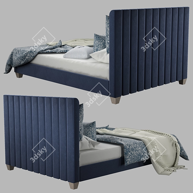 Navy Velvet Oak Wood Leg Bed 3D model image 4