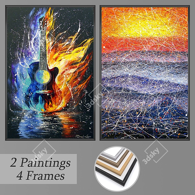 Modern Art Wall Decor Set: 2 Paintings, 4 Frames 3D model image 1