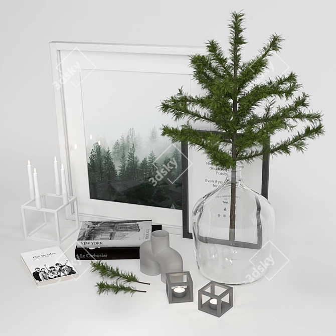 Scandi Decor Set: Cedar Branch, Books, Frames, Vases 3D model image 3