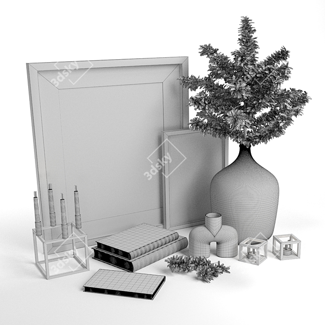 Scandi Decor Set: Cedar Branch, Books, Frames, Vases 3D model image 5