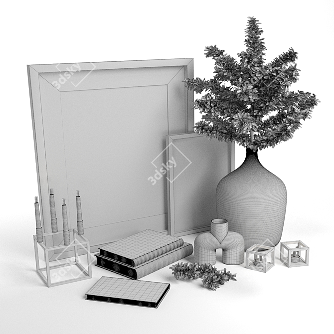 Scandi Decor Set: Cedar Branch, Books, Frames, Vases 3D model image 9