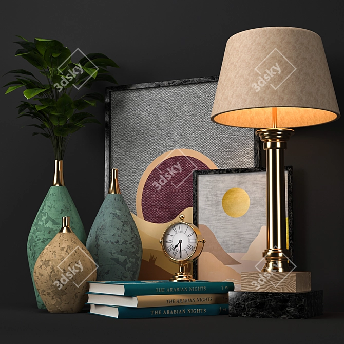 Elegant Decor Set: Flowers, Pot, Book, Frame, Lamp, Watch 3D model image 2