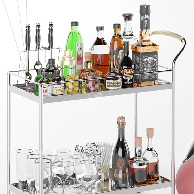 Elegant Liquor Cart with Whiskey Glass & Components 3D model image 4