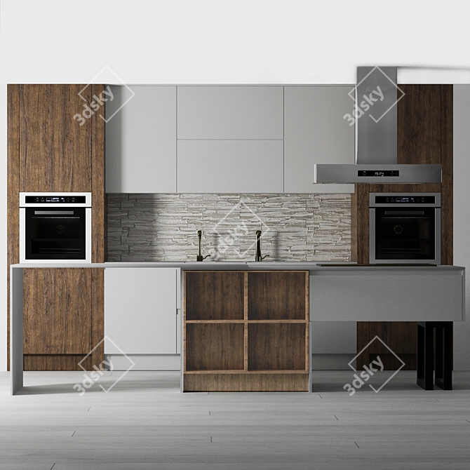 Modern Kitchen Set: Sink, Faucet, Hood, Gas Oven 3D model image 1