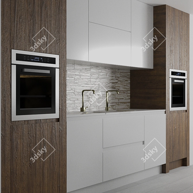 Modern Kitchen Set: Sink, Faucet, Hood, Gas Oven 3D model image 2