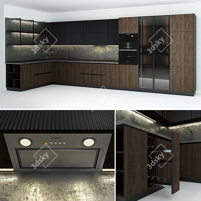 Modern Corner Kitchen with Bosch Appliances 3D model image 1