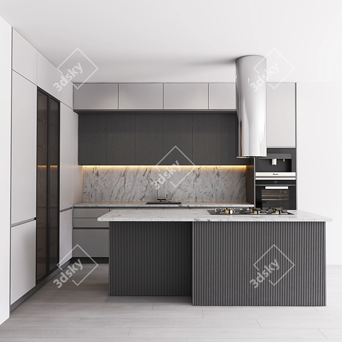 Modern Kitchen Set with Gas Hob, Sink, Oven, and Hood 3D model image 1