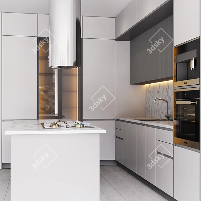Modern Kitchen Set with Gas Hob, Sink, Oven, and Hood 3D model image 3