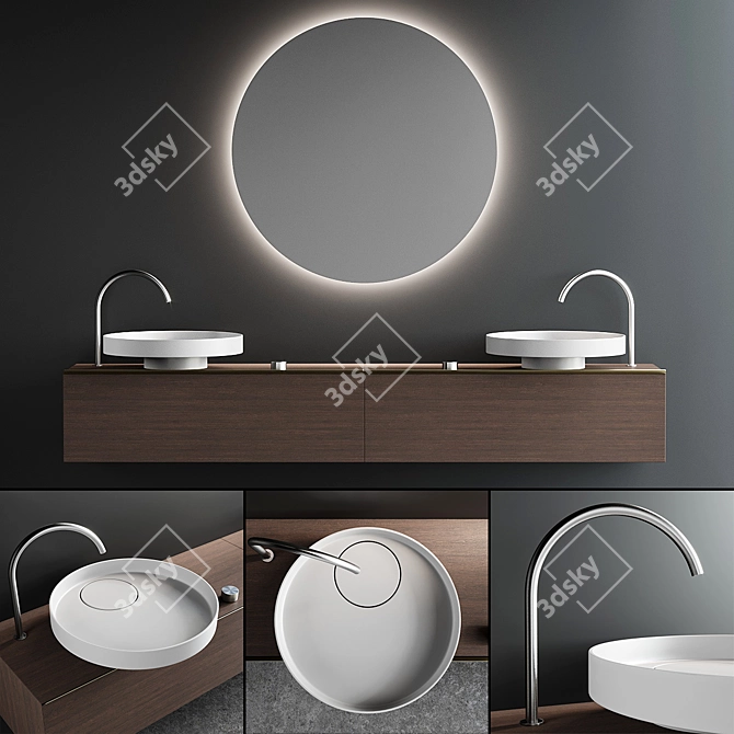 Falper Eccentrico Vanity: Wood Unit, Marble Washbasin, Round Mirror 3D model image 1