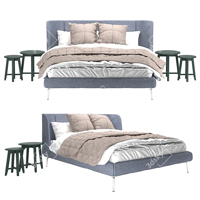 Modern Blue Upholstered Bed Set 3D model image 1