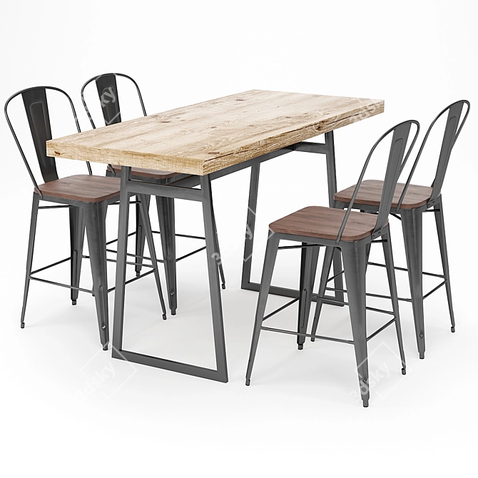 Vintage Bar Table and Stools 3D model image 1