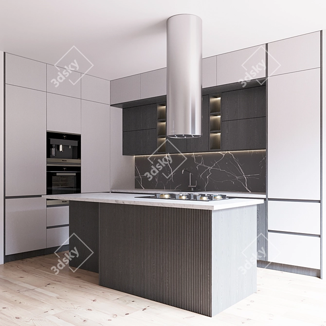 Modern Kitchen Set with Gas Hob, Sink, Oven & Hood 3D model image 1