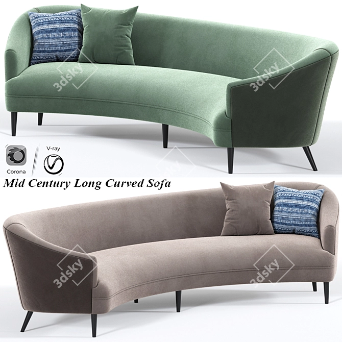 Sleek Mid-Century Curved Sofa 3D model image 1
