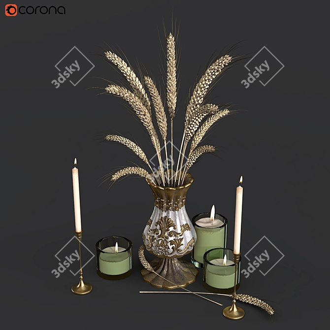 Rustic Wheat and Candle Display 3D model image 2