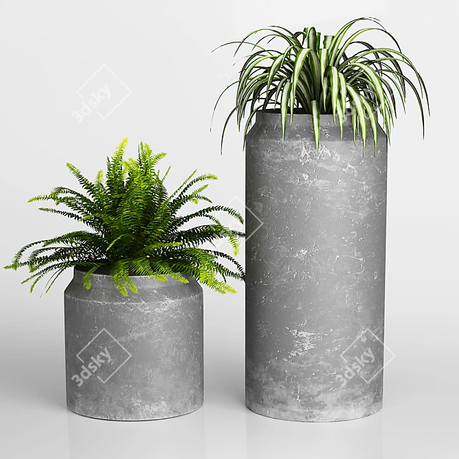 Rustic Grey Vase with Green Plants 3D model image 1