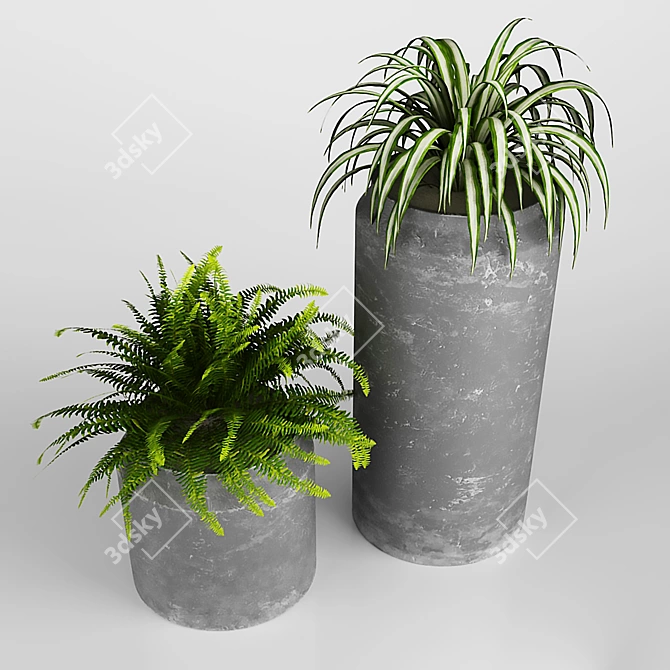 Rustic Grey Vase with Green Plants 3D model image 4