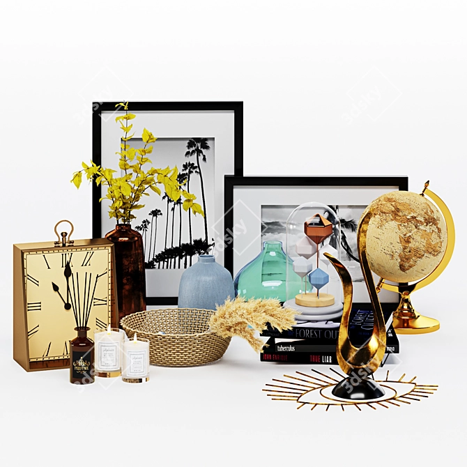 Elegant Decor Set with Vase, Plant, Basket, Statue 3D model image 1