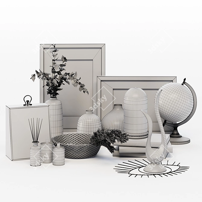 Elegant Decor Set with Vase, Plant, Basket, Statue 3D model image 4