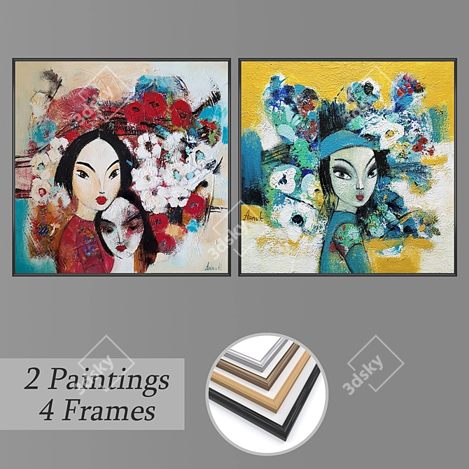 Assorted Wall Paintings Set with Frames 3D model image 1