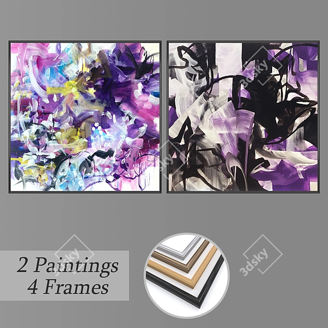 Modern Art Set: 2 Paintings & 4 Frame Options 3D model image 1