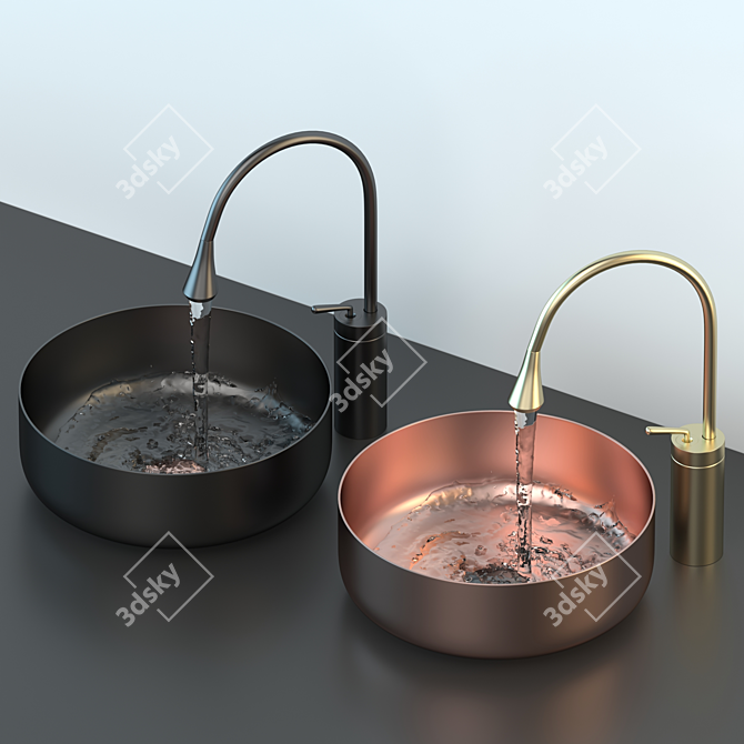 Golden Round Washbasin and Faucet Set 3D model image 1