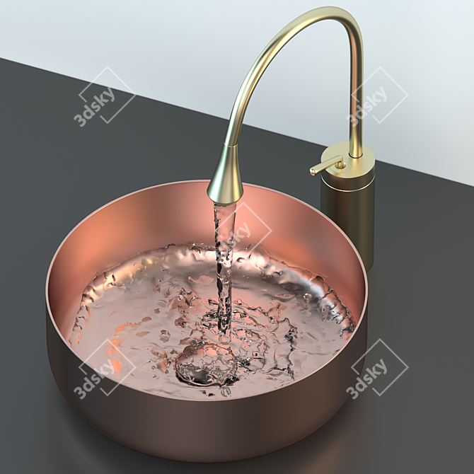 Golden Round Washbasin and Faucet Set 3D model image 3