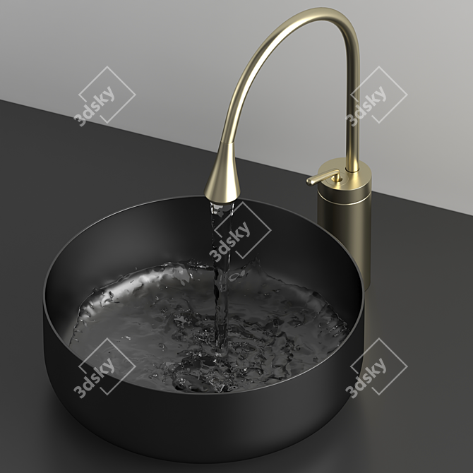 Golden Round Washbasin and Faucet Set 3D model image 6