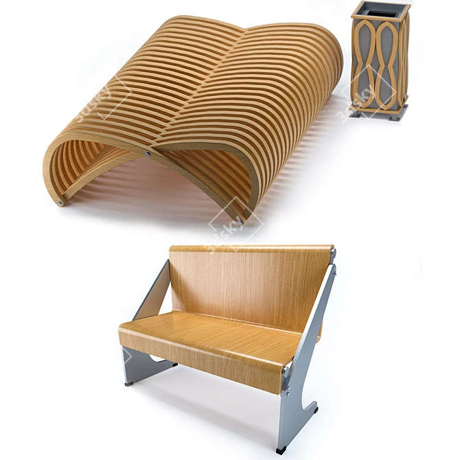 Modern Outdoor Bench Set with Decorative Urn 3D model image 1