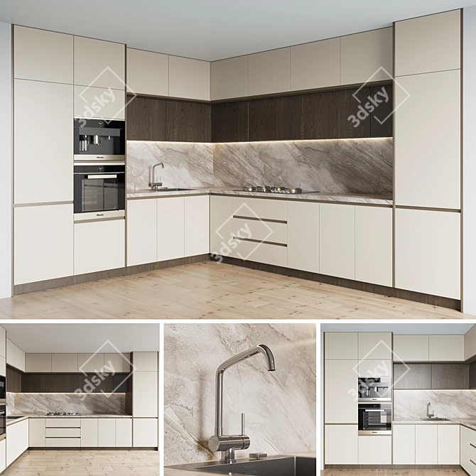 Modern Kitchen Set: Gas Hob, Sink, Oven, Hood & 4 Drawers 3D model image 1