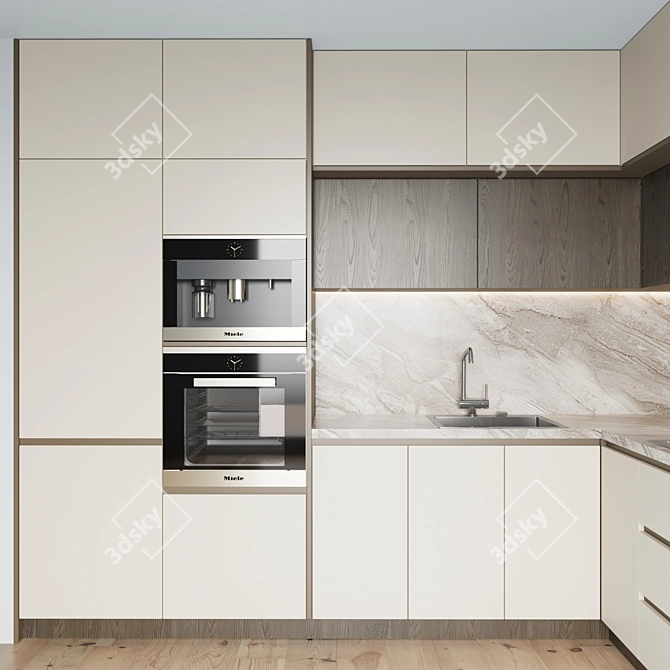 Modern Kitchen Set: Gas Hob, Sink, Oven, Hood & 4 Drawers 3D model image 2