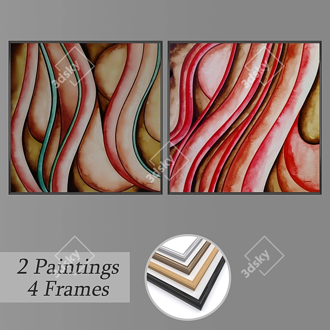 Artful Wall Collection: Set of 2 Paintings & Frames 3D model image 1