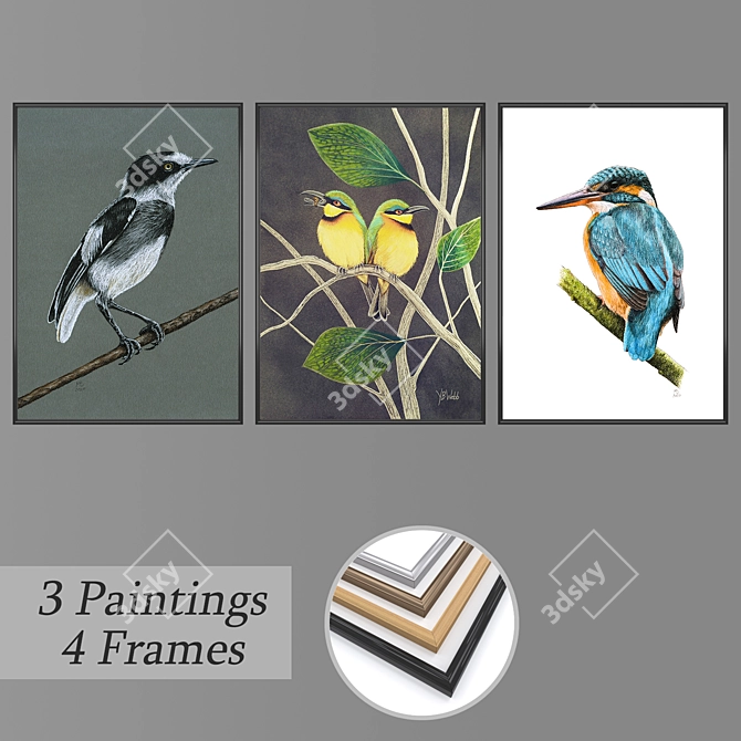 Modern Wall Art Set with 3 Paintings & 4 Frame Options 3D model image 1