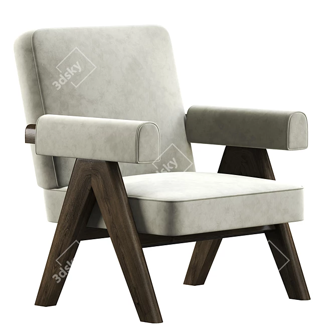 Pierre Jeanneret PJ 01 Cream Velvet Lounge Chair 3D model image 1