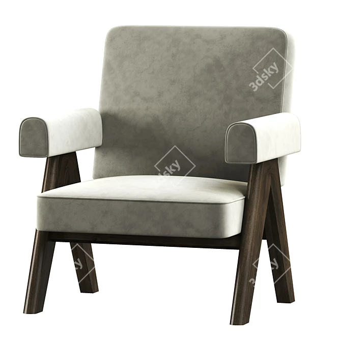 Pierre Jeanneret PJ 01 Cream Velvet Lounge Chair 3D model image 2