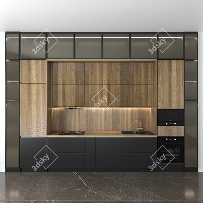 Title: Modern Compact Kitchen with Wooden Accent 3D model image 1