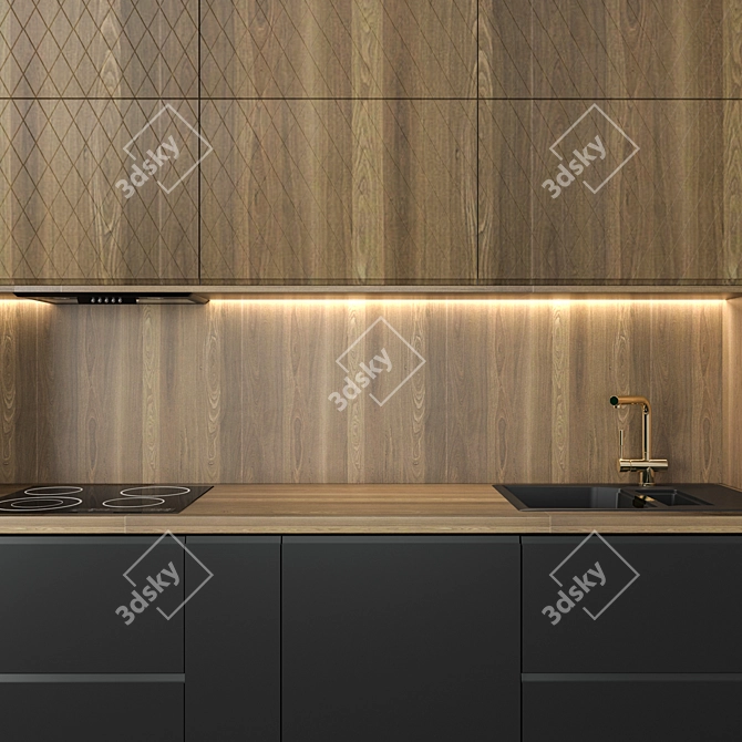 Title: Modern Compact Kitchen with Wooden Accent 3D model image 3