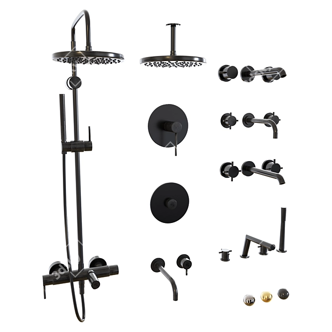 3-Piece Bathroom Faucet Set - Black Metal, Chrome, Brass 3D model image 1