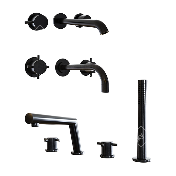 3-Piece Bathroom Faucet Set - Black Metal, Chrome, Brass 3D model image 4