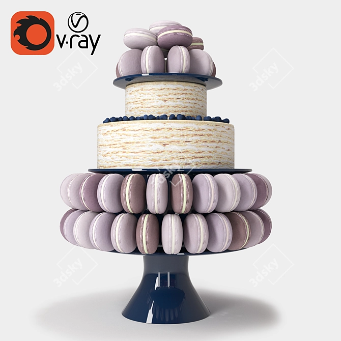 Delicious Macaroon Cake with Blueberry 3D model image 1