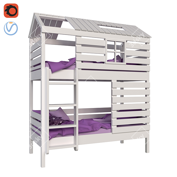 Rustic Wood Bunk Bed House 3D model image 2