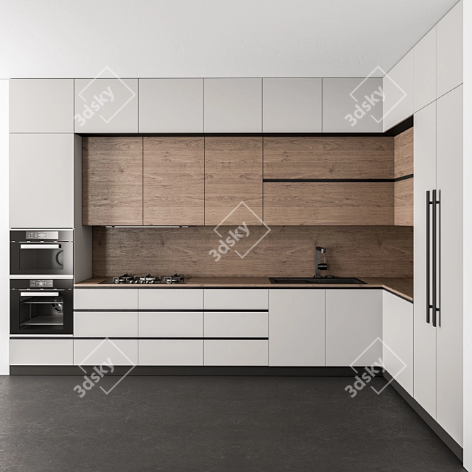 Contemporary White & Wood Kitchen 3D model image 1