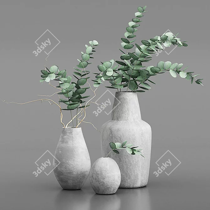 Fresh Eucalyptus Bouquets: 3 Ceramic Vases 3D model image 1